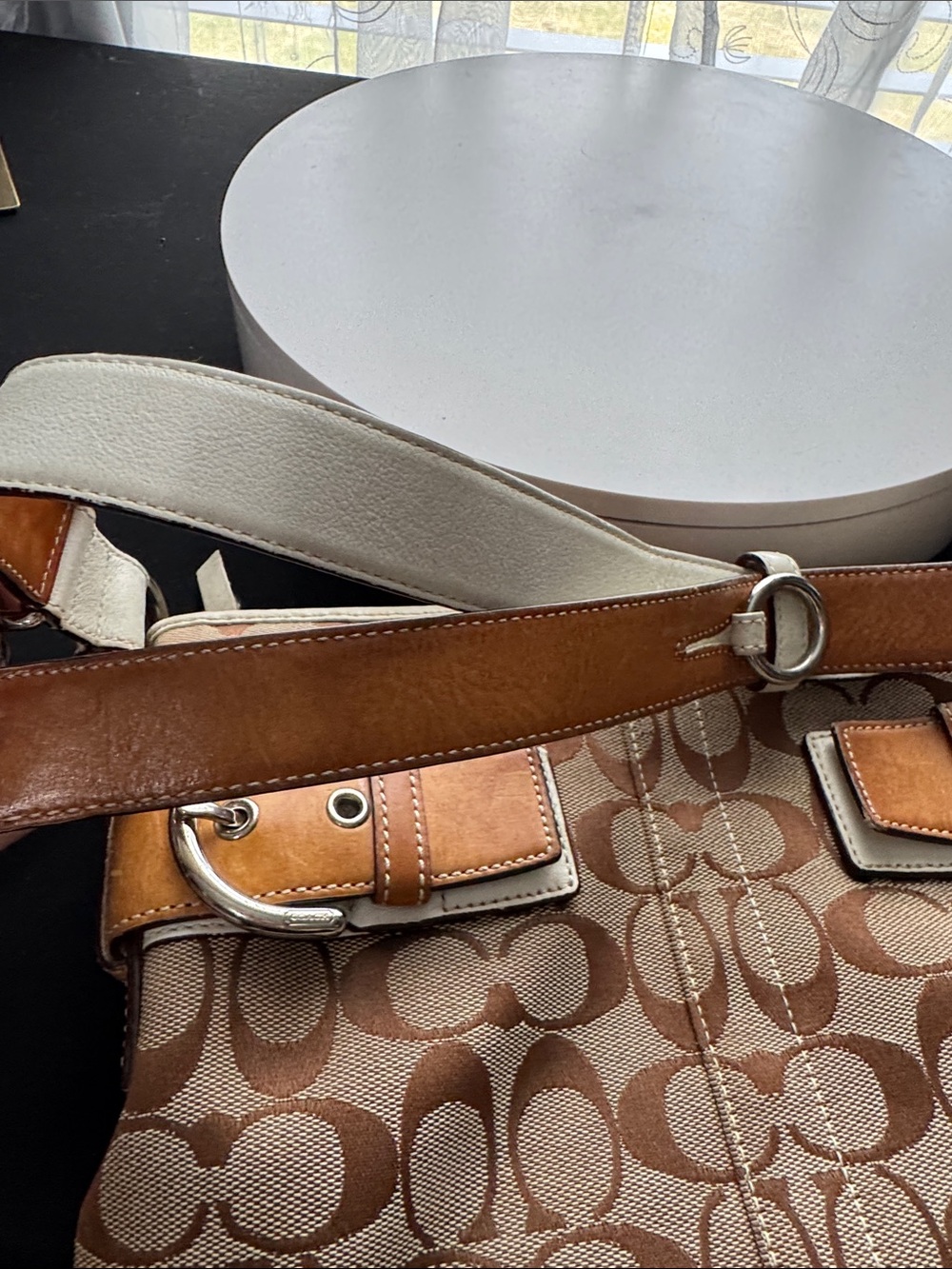 Coach Brown Signature Canvas Shoulder Bag with Tan and Cream Leather Accents - Picture 11 of 17